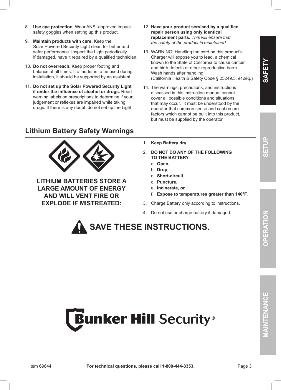 Save these instructions, Lithium battery safety warnings | Harbor Freight Tools Solar Security Light 36 User Manual | Page 3 / 8