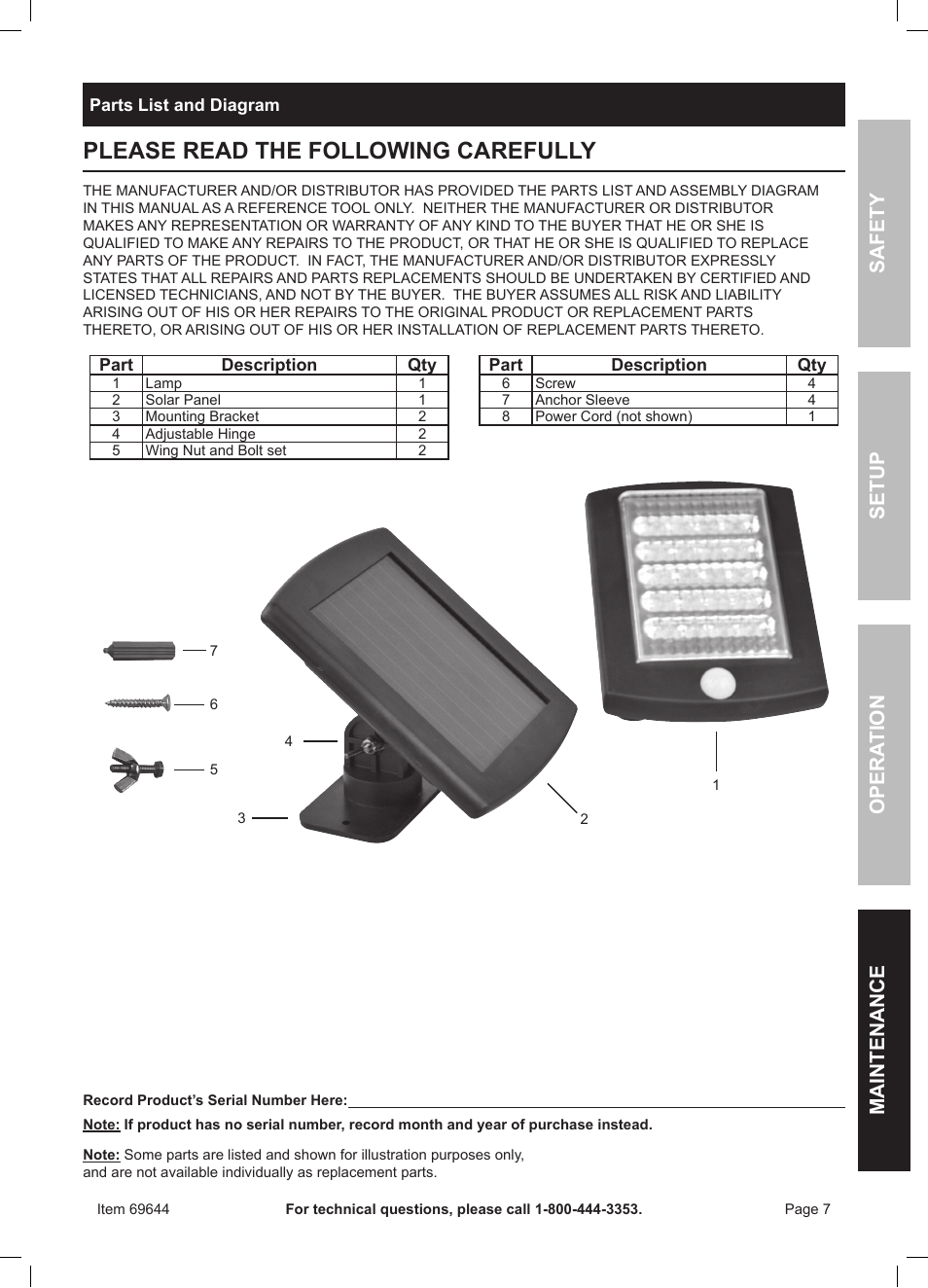 Please read the following carefully | Harbor Freight Tools Solar Security Light 36 User Manual | Page 7 / 8