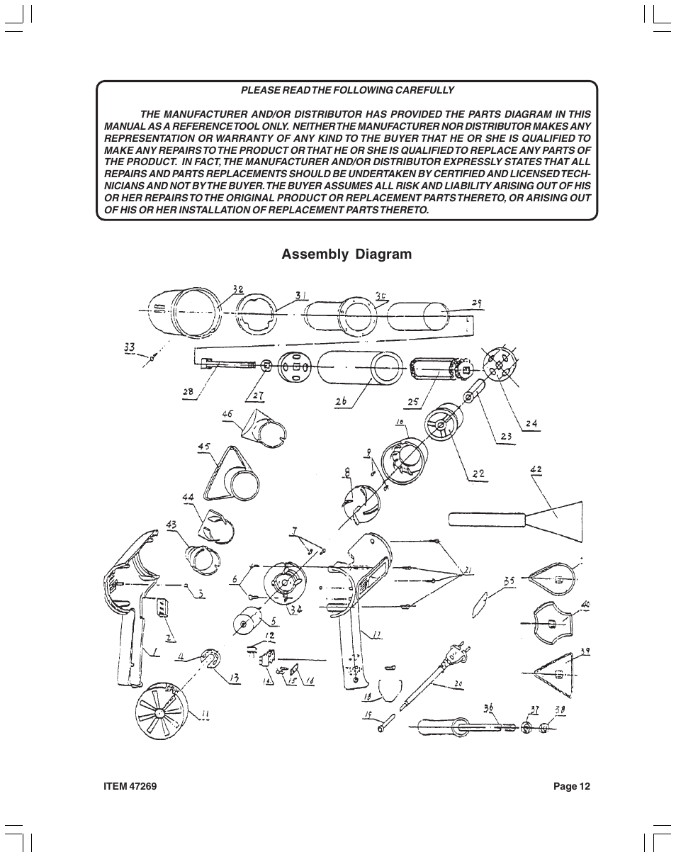 Assembly diagram | Harbor Freight Tools 47269 User Manual | Page 12 / 12