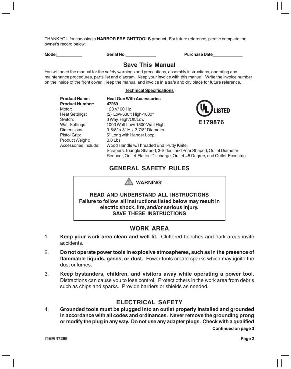 Save this manual, Electrical safety, General safety rules | Harbor Freight Tools 47269 User Manual | Page 2 / 12