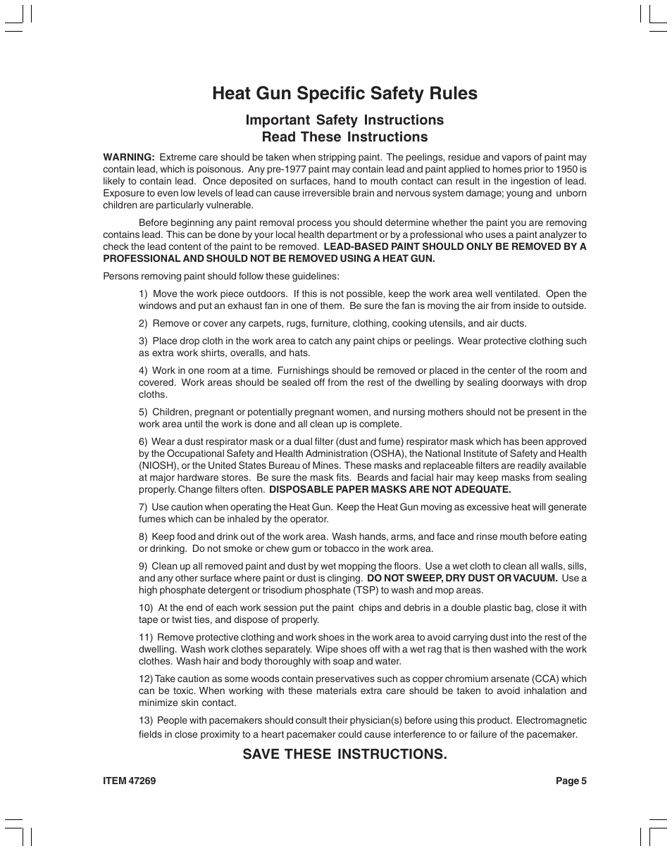 Heat gun specific safety rules, Save these instructions | Harbor Freight Tools 47269 User Manual | Page 5 / 12