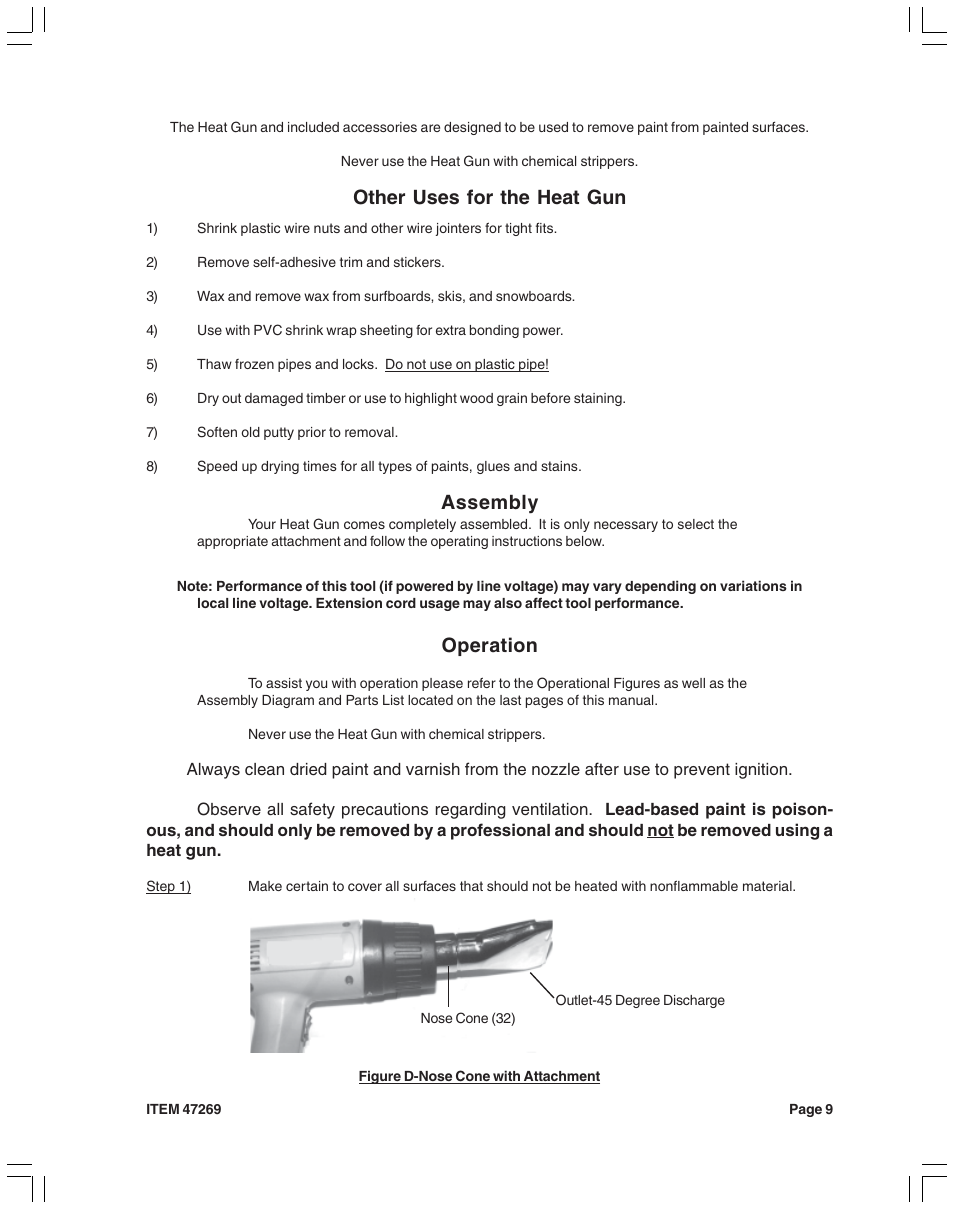 Other uses for the heat gun, Assembly, Operation | Harbor Freight Tools 47269 User Manual | Page 9 / 12