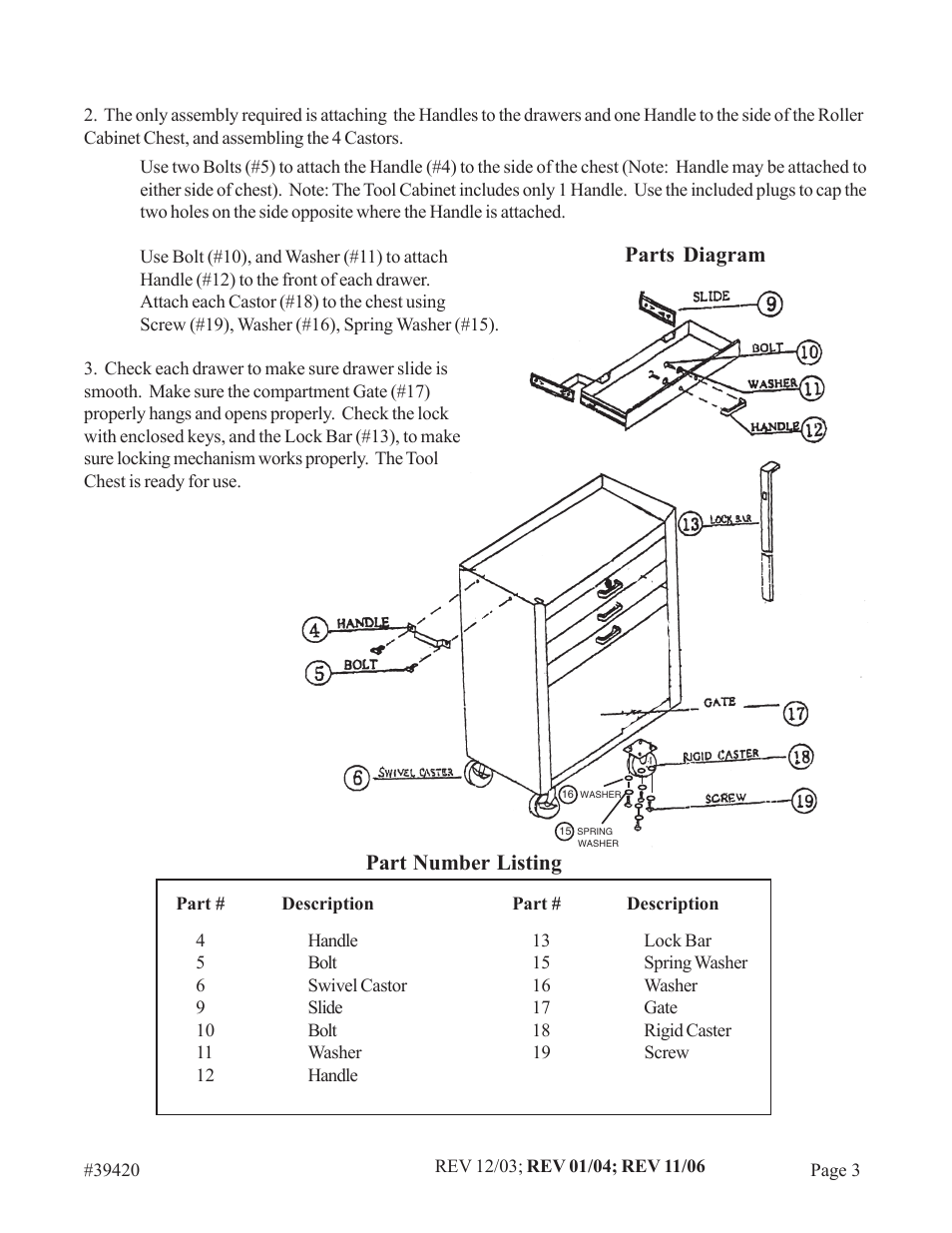 Parts diagram, Part number listing | Harbor Freight Tools 39420 User Manual | Page 3 / 3