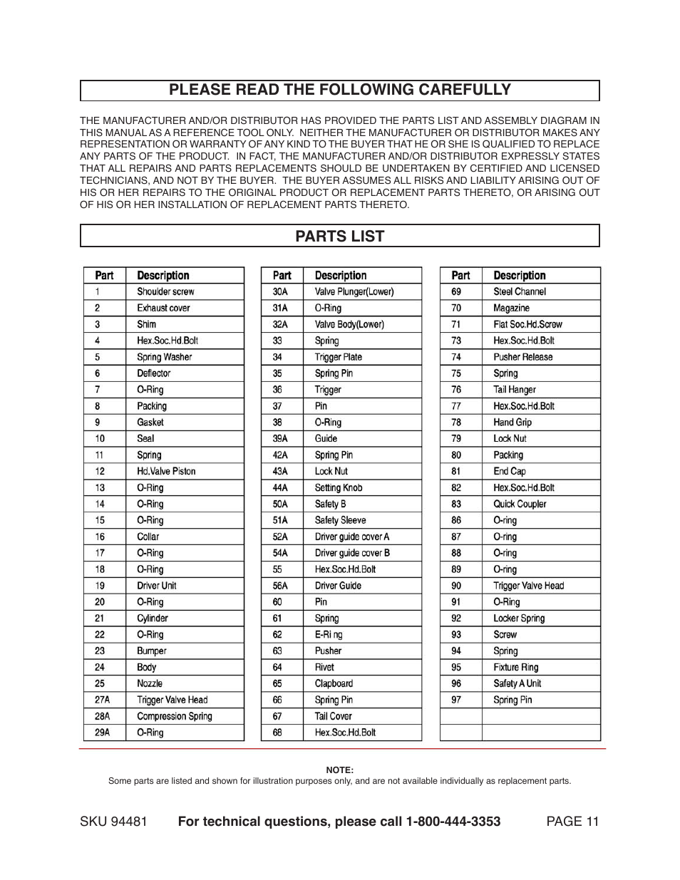 Parts list please read the following carefully | Harbor Freight Tools 97520 User Manual | Page 11 / 13