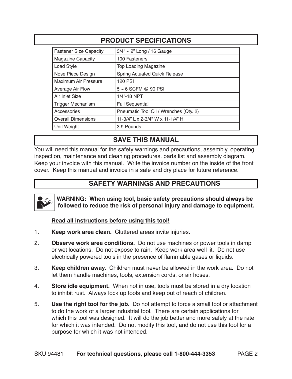 Product specifications save this manual, Safety warnings and precautions | Harbor Freight Tools 97520 User Manual | Page 2 / 13