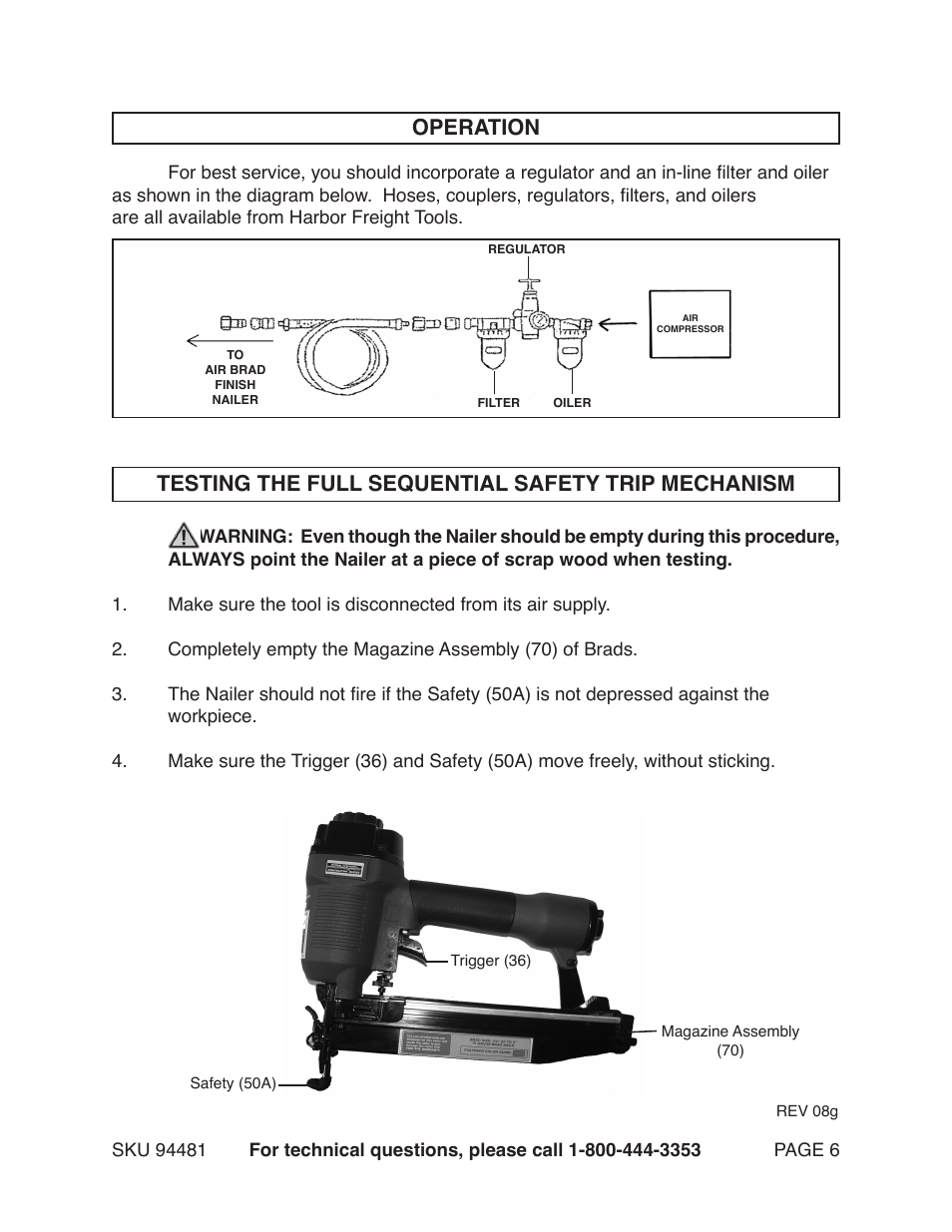 Testing the full sequential safety trip mechanism, Operation | Harbor Freight Tools 97520 User Manual | Page 6 / 13