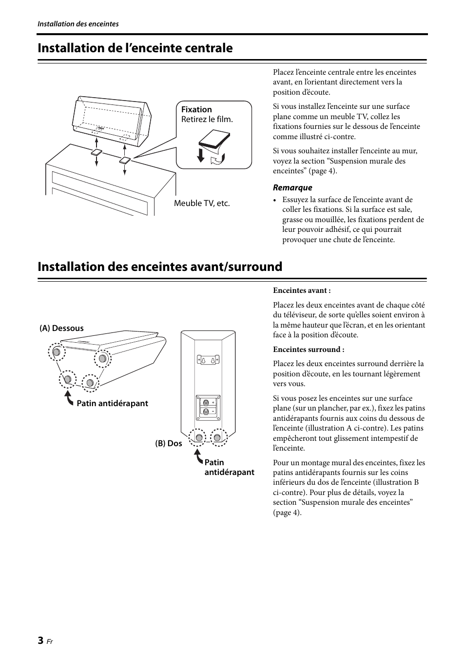 Installation de l’enceinte centrale, Installation des enceintes avant/surround | Yamaha NS-PB120 User Manual | Page 10 / 28