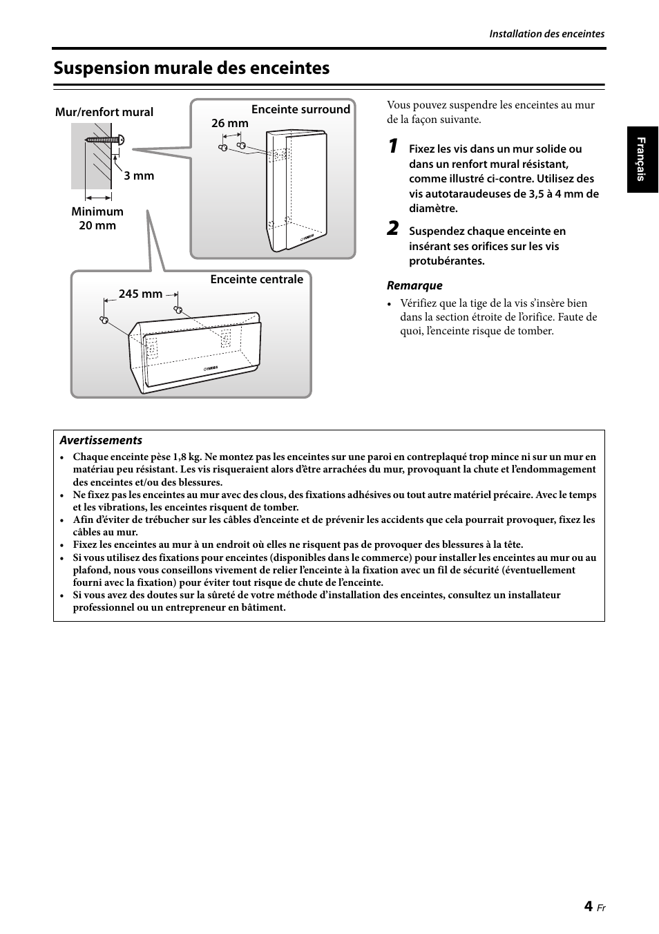 Suspension murale des enceintes | Yamaha NS-PB120 User Manual | Page 11 / 28