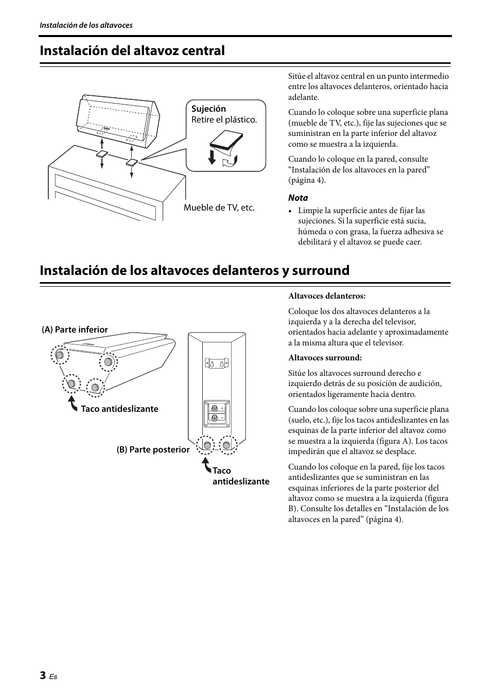 Instalación del altavoz central, Instalación de los altavoces delanteros y surround, Surround | Yamaha NS-PB120 User Manual | Page 16 / 28