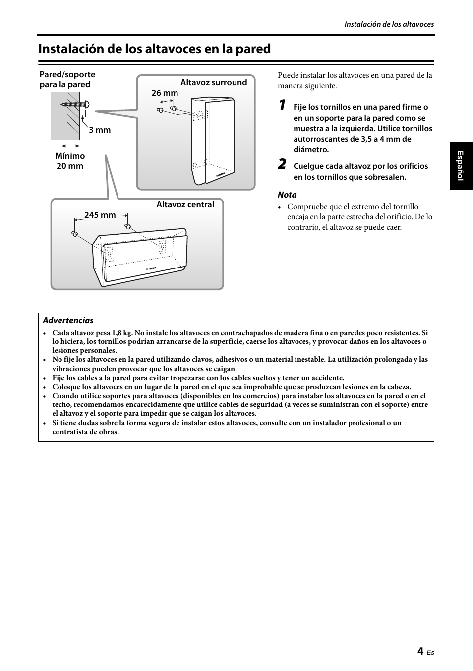 Instalación de los altavoces en la pared | Yamaha NS-PB120 User Manual | Page 17 / 28