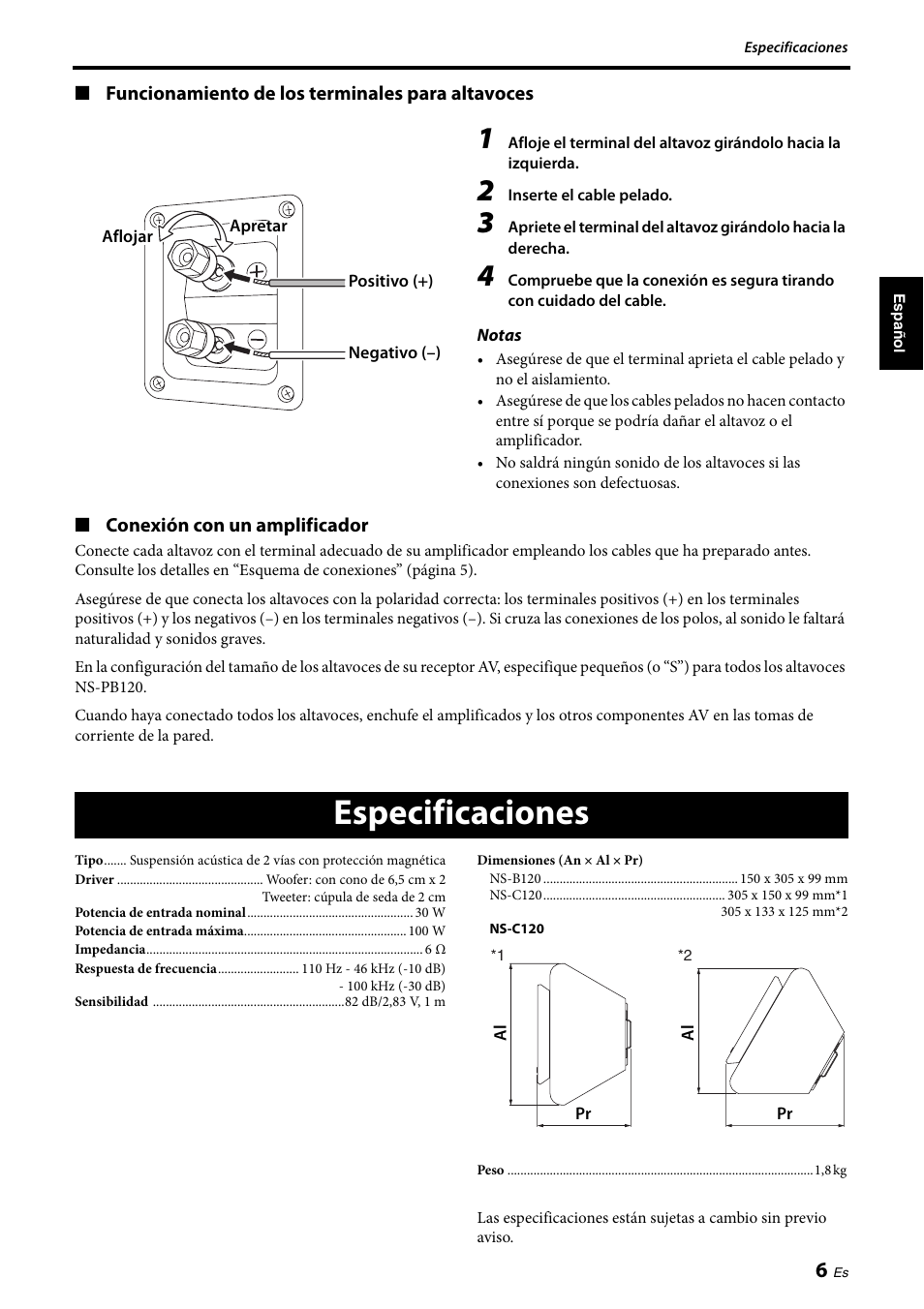 Especificaciones | Yamaha NS-PB120 User Manual | Page 19 / 28