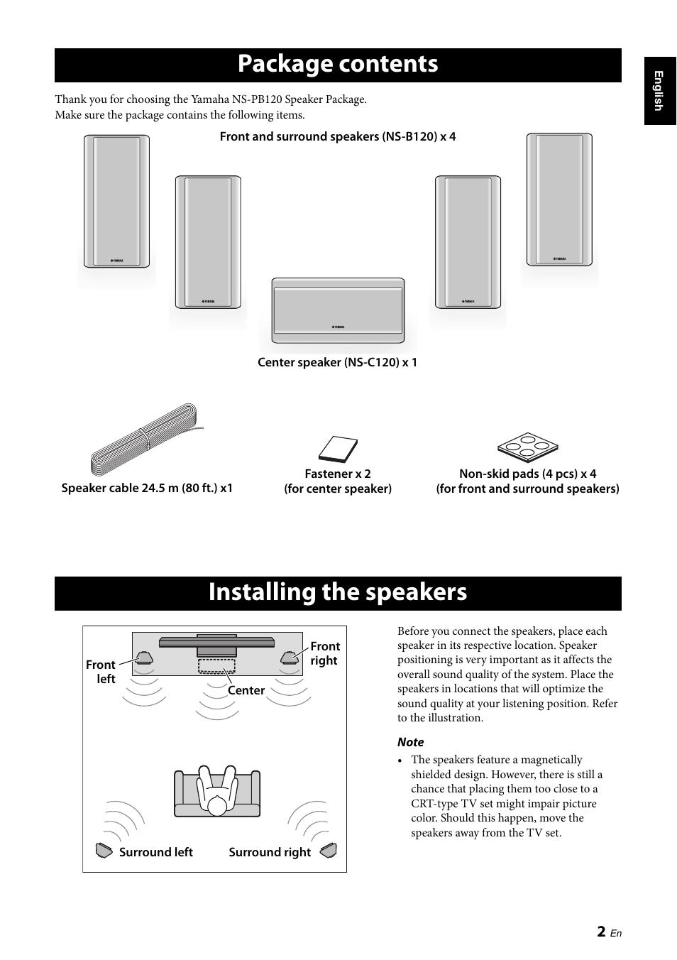 Package contents, Installing the speakers, Package contents installing the speakers | Yamaha NS-PB120 User Manual | Page 3 / 28