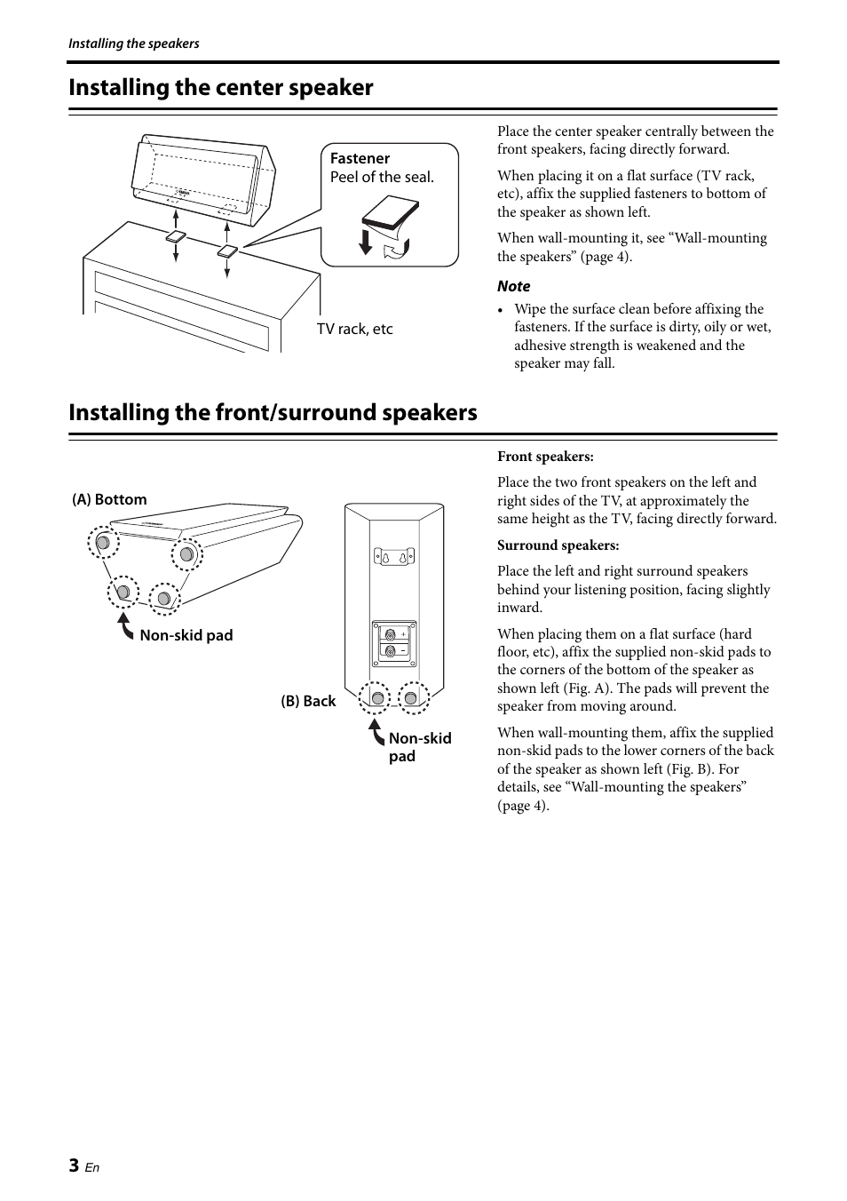 Installing the center speaker, Installing the front/surround speakers | Yamaha NS-PB120 User Manual | Page 4 / 28