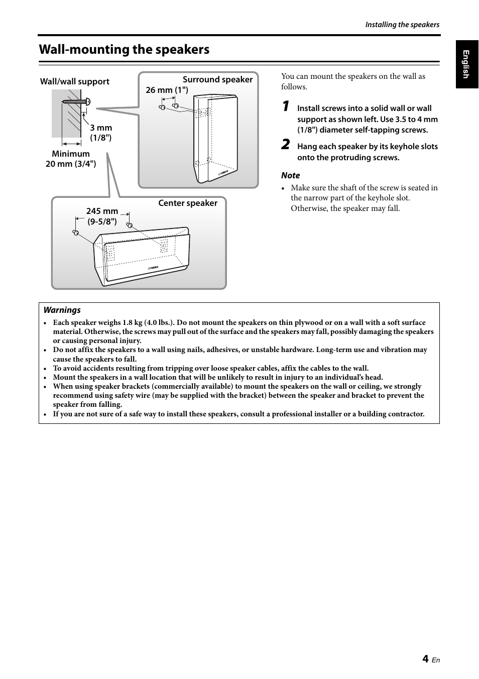 Wall-mounting the speakers | Yamaha NS-PB120 User Manual | Page 5 / 28