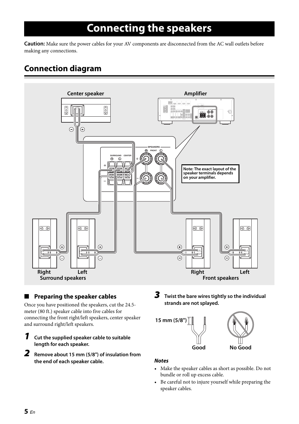 Connecting the speakers, Connection diagram, Preparing the speaker cables | Yamaha NS-PB120 User Manual | Page 6 / 28