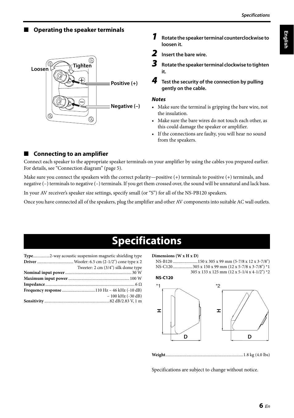 Specifications | Yamaha NS-PB120 User Manual | Page 7 / 28