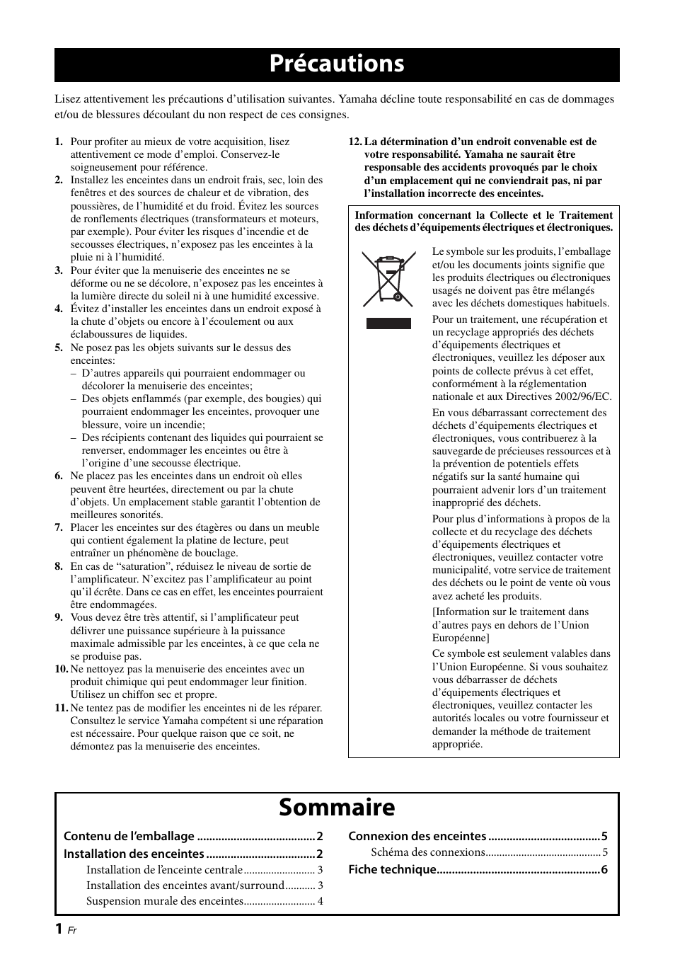 Français, Précautions, Sommaire | Yamaha NS-PB120 User Manual | Page 8 / 28