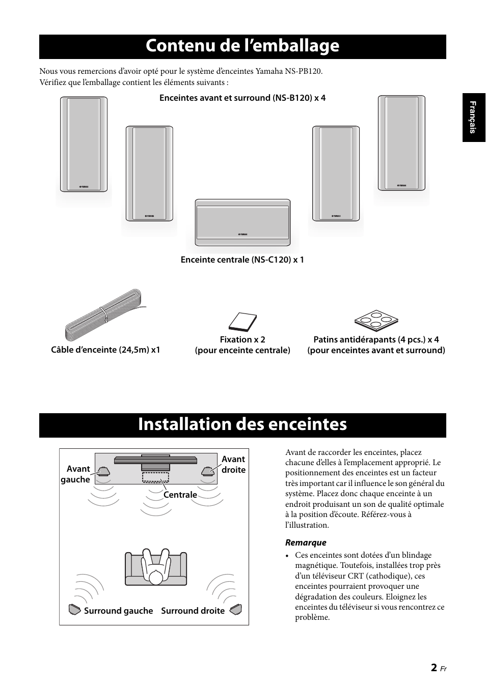 Contenu de l’emballage, Installation des enceintes, Contenu de l’emballage installation des enceintes | Yamaha NS-PB120 User Manual | Page 9 / 28