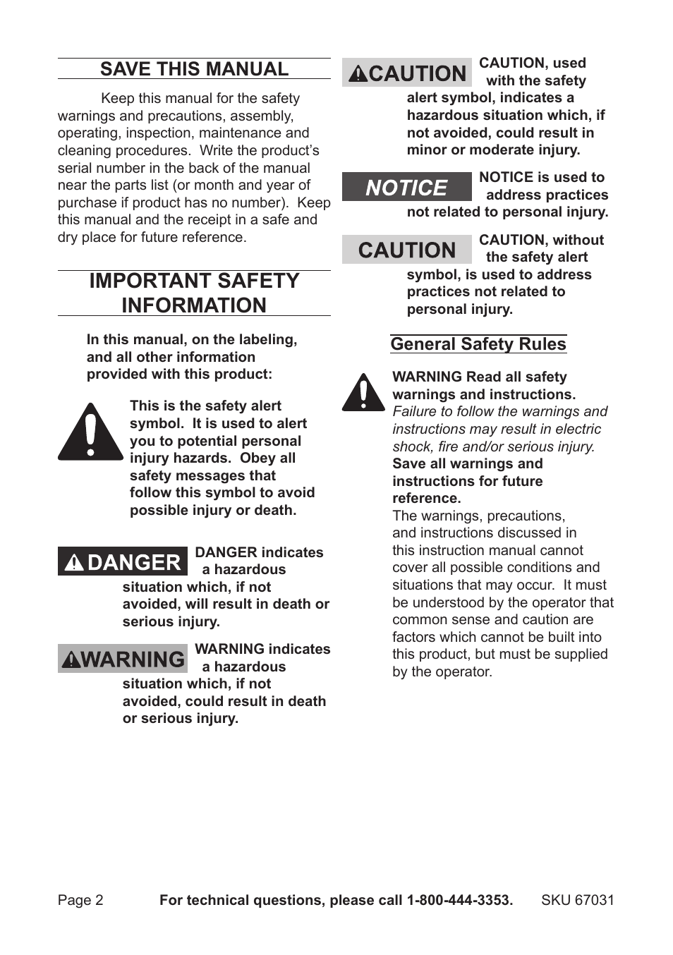 Important safety information, Save this manual, General safety rules | Harbor Freight Tools DRILL MASTER 67031 User Manual | Page 2 / 8