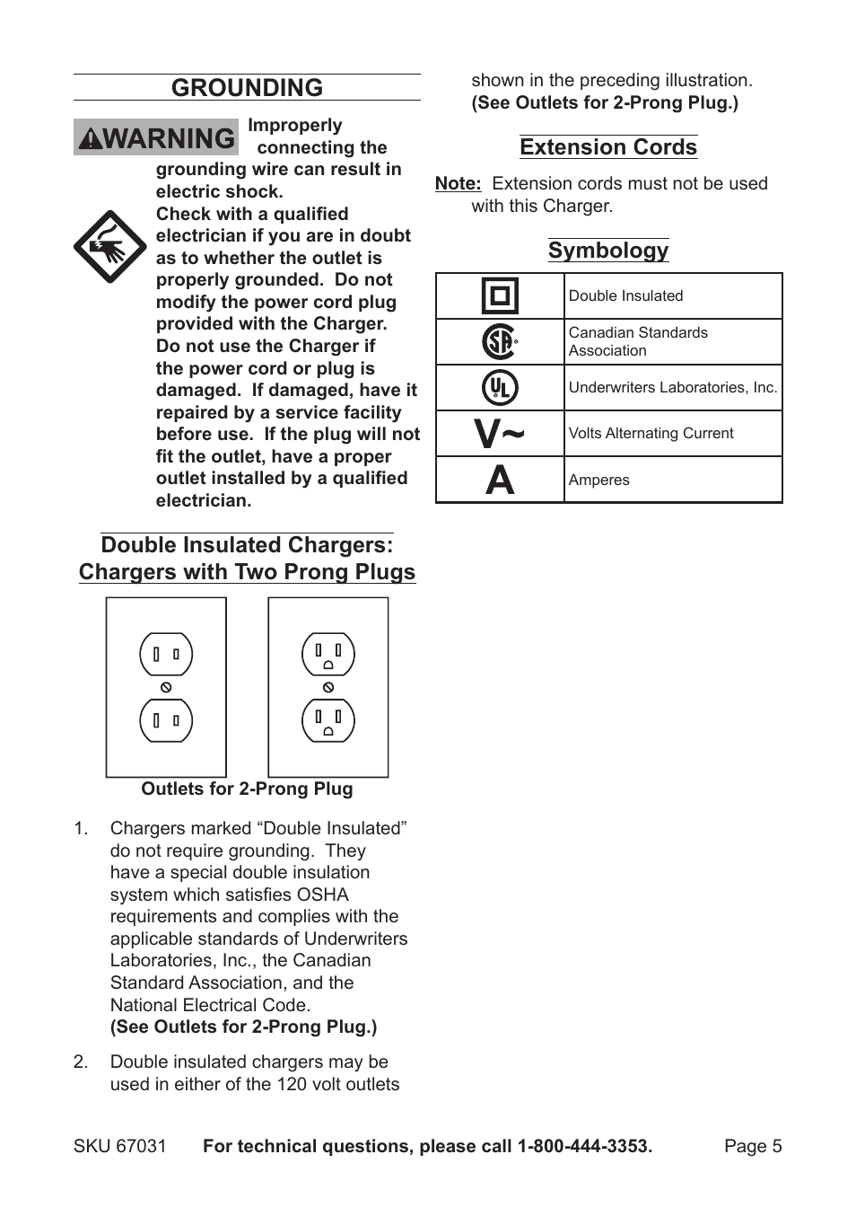 Grounding | Harbor Freight Tools DRILL MASTER 67031 User Manual | Page 5 / 8