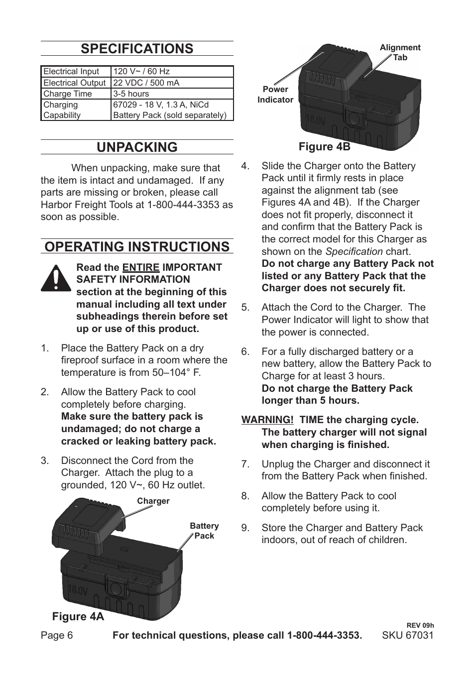 Specifications, Unpacking, Operating instructions | Harbor Freight Tools DRILL MASTER 67031 User Manual | Page 6 / 8