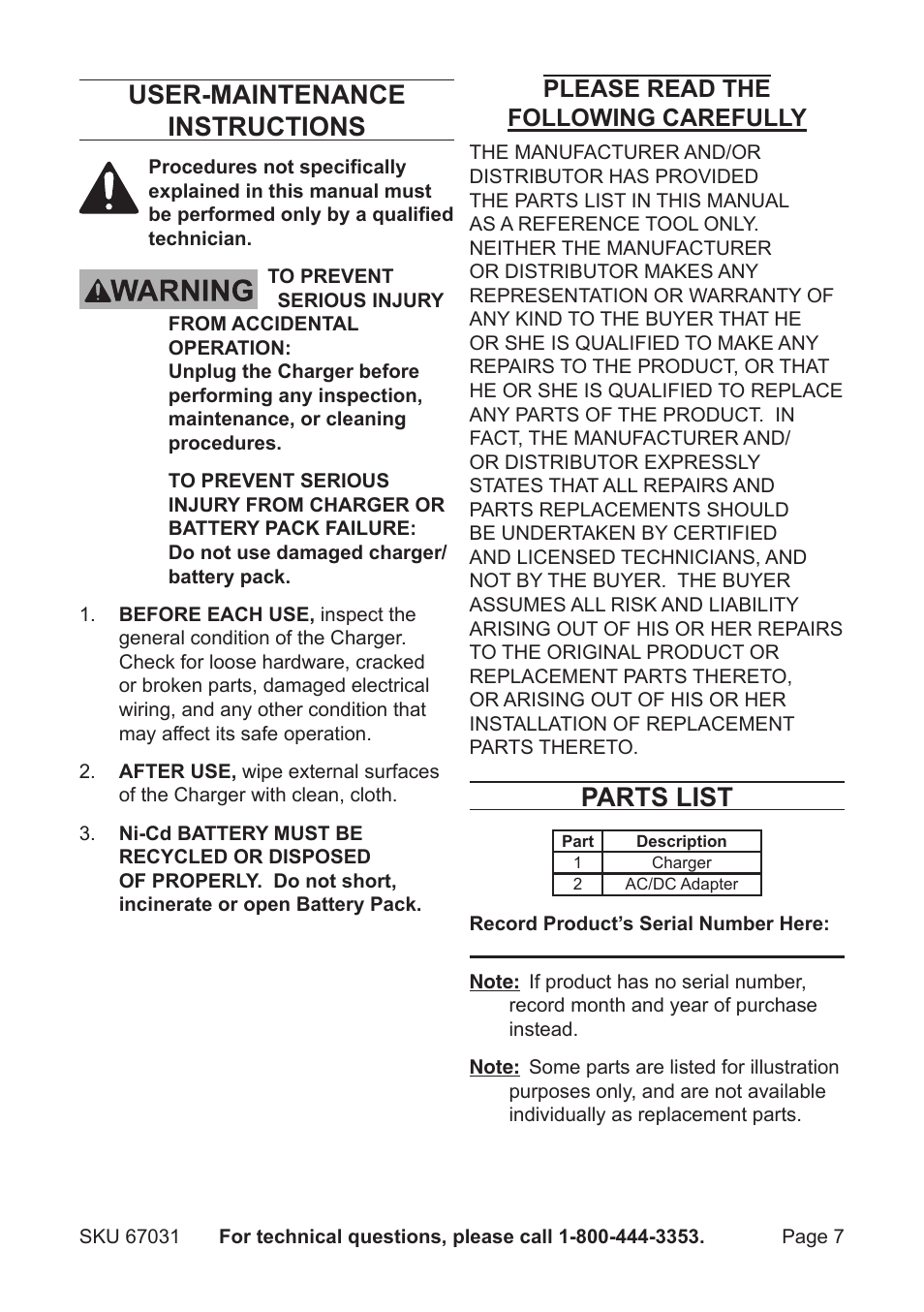 User-maintenance instructions, Parts list, Please read the following carefully | Harbor Freight Tools DRILL MASTER 67031 User Manual | Page 7 / 8