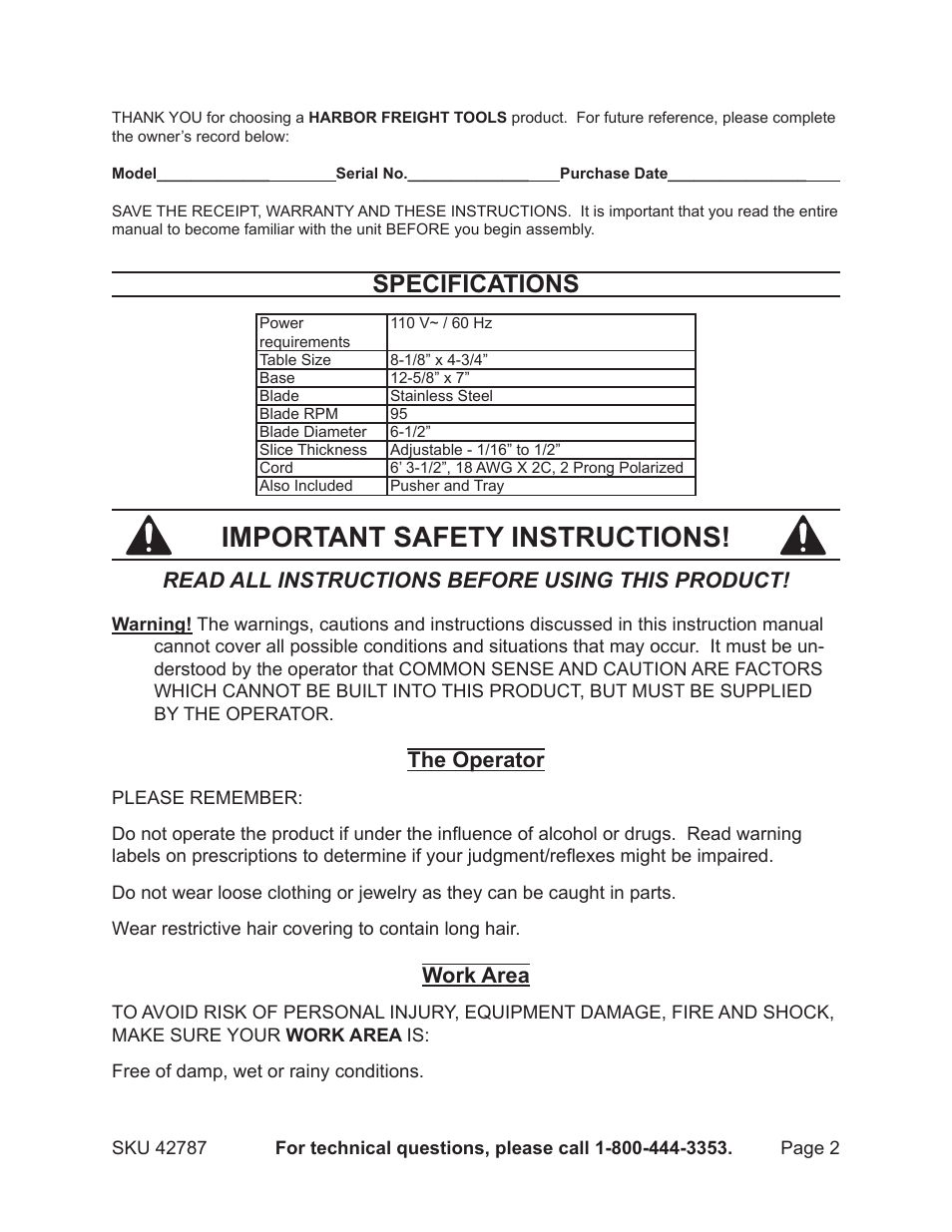 Important safety instructions, Specifications, Read all instructions before using this product | The operator, Work area | Harbor Freight Tools 42787 User Manual | Page 2 / 8