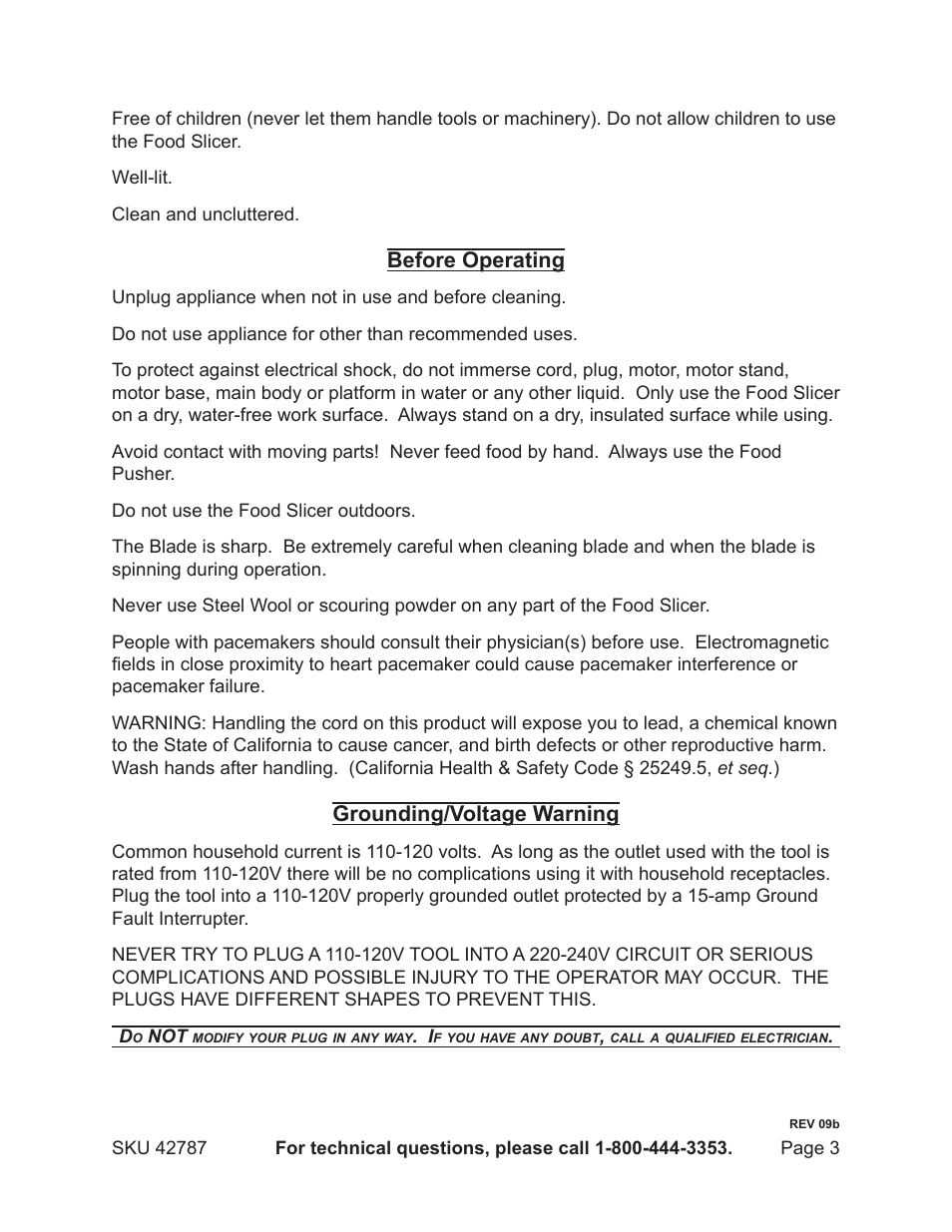 Before operating, Grounding/voltage warning | Harbor Freight Tools 42787 User Manual | Page 3 / 8