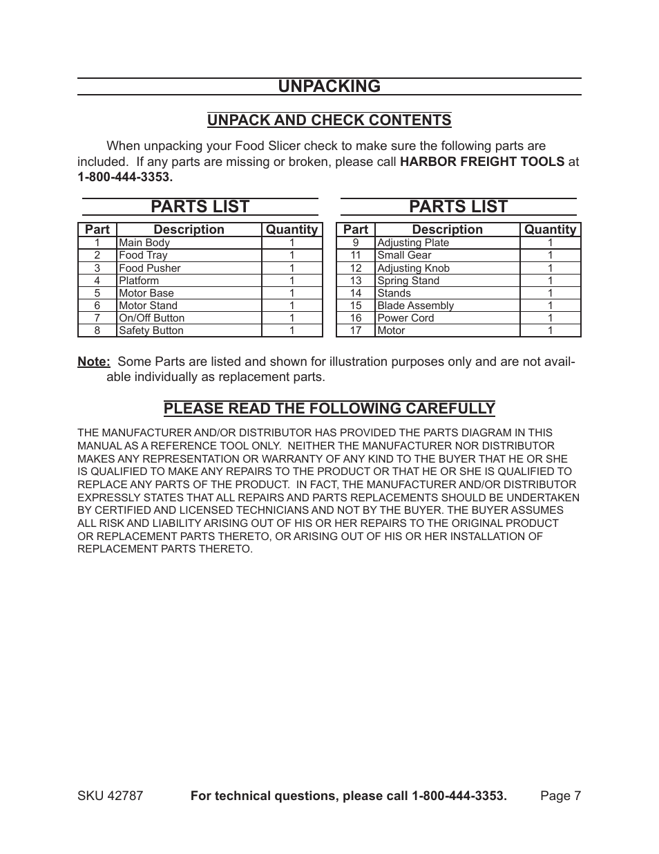 Unpacking, Parts list, Unpack and check contents | Please read the following carefully | Harbor Freight Tools 42787 User Manual | Page 7 / 8