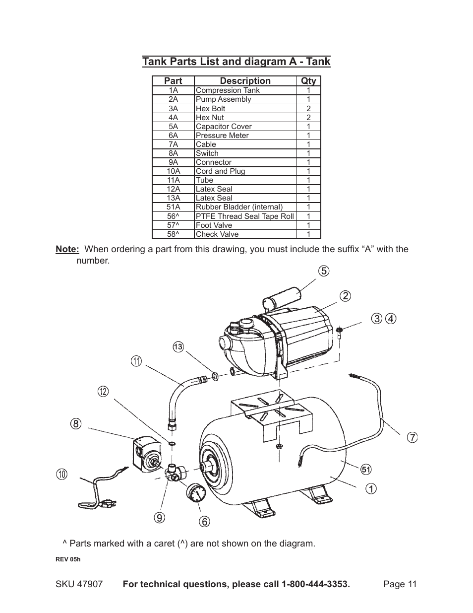 Tank parts list and diagram a - tank | Harbor Freight Tools 47907 User Manual | Page 11 / 12