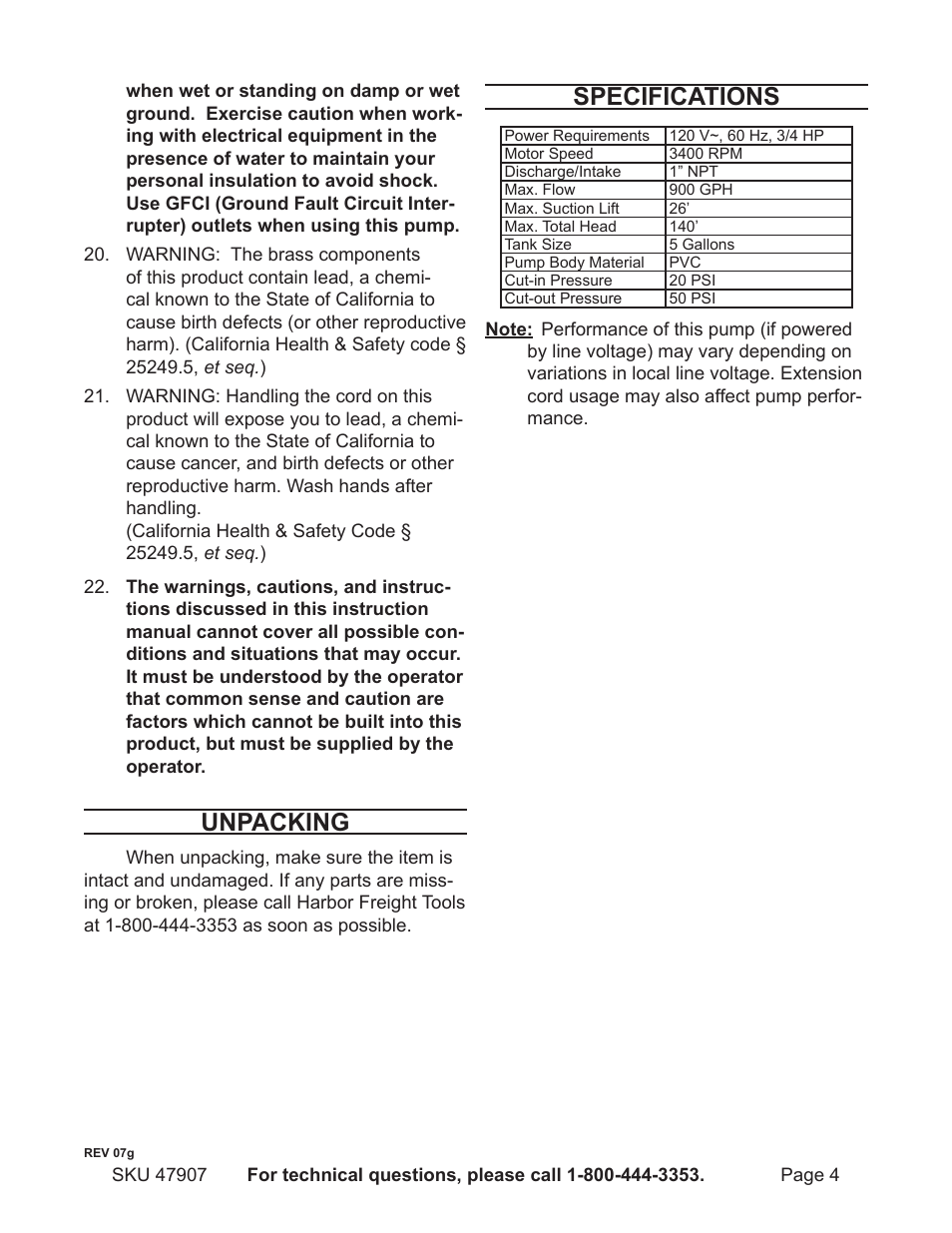 Unpacking, Specifications | Harbor Freight Tools 47907 User Manual | Page 4 / 12