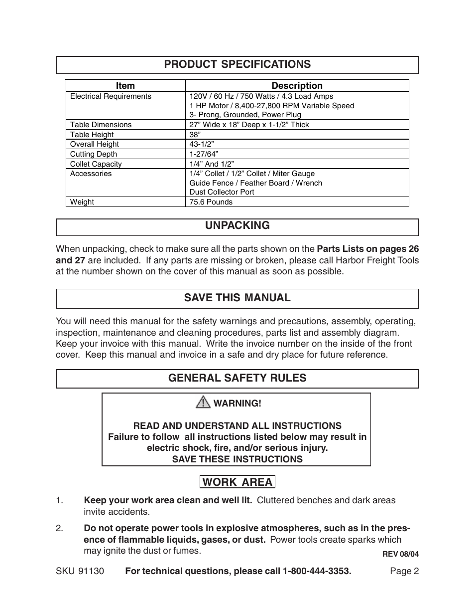 Product specifications save this manual, General safety rules, Work area | Unpacking | Harbor Freight Tools ROUTER WITH FULL SIZE TABLE 91130 User Manual | Page 2 / 32