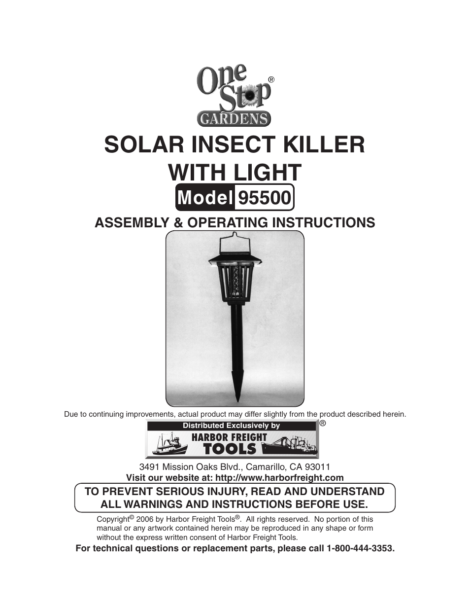 Harbor Freight Tools SOLAR INSECT KILLER 95500 User Manual | 8 pages