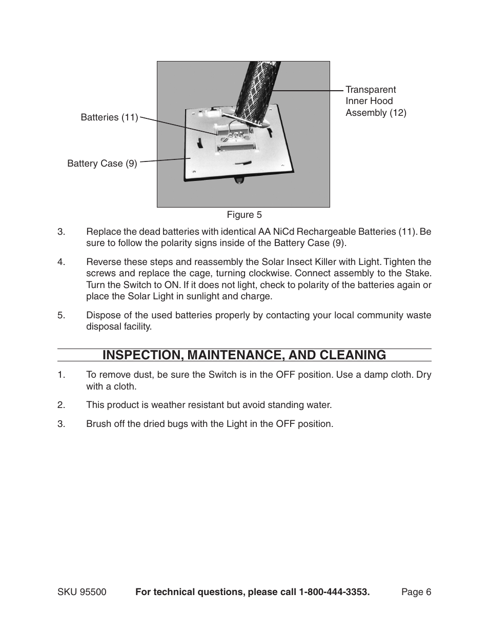 Inspection, maintenance, and cleaning | Harbor Freight Tools SOLAR INSECT KILLER 95500 User Manual | Page 6 / 8