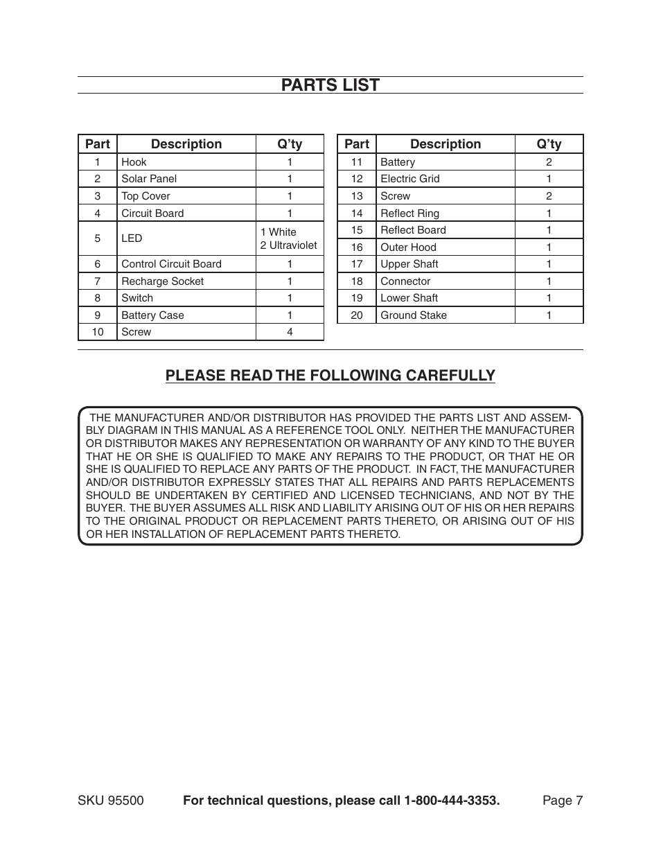 Parts list, Please read the following carefully | Harbor Freight Tools SOLAR INSECT KILLER 95500 User Manual | Page 7 / 8