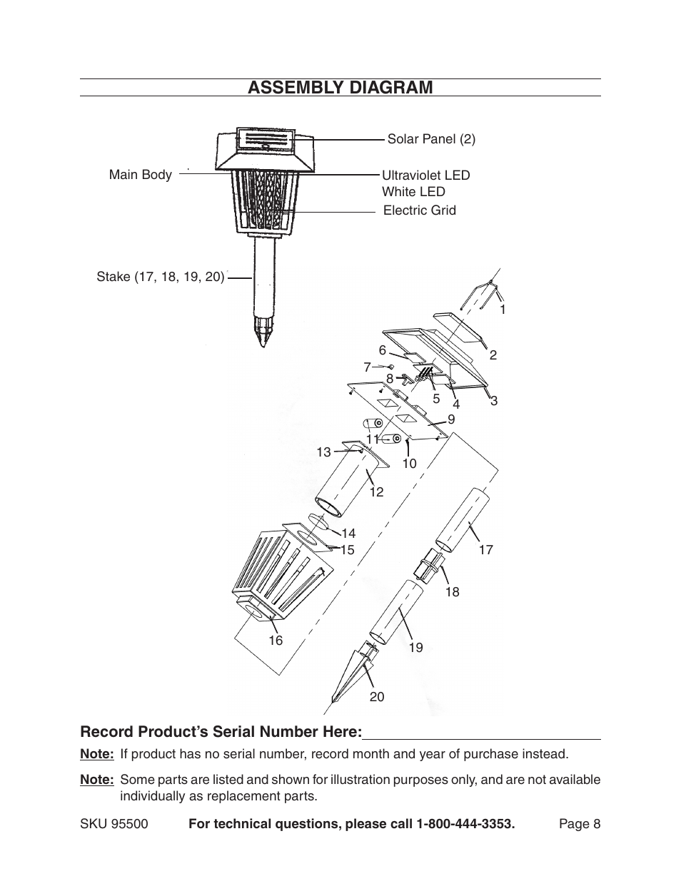 Assembly diagram | Harbor Freight Tools SOLAR INSECT KILLER 95500 User Manual | Page 8 / 8