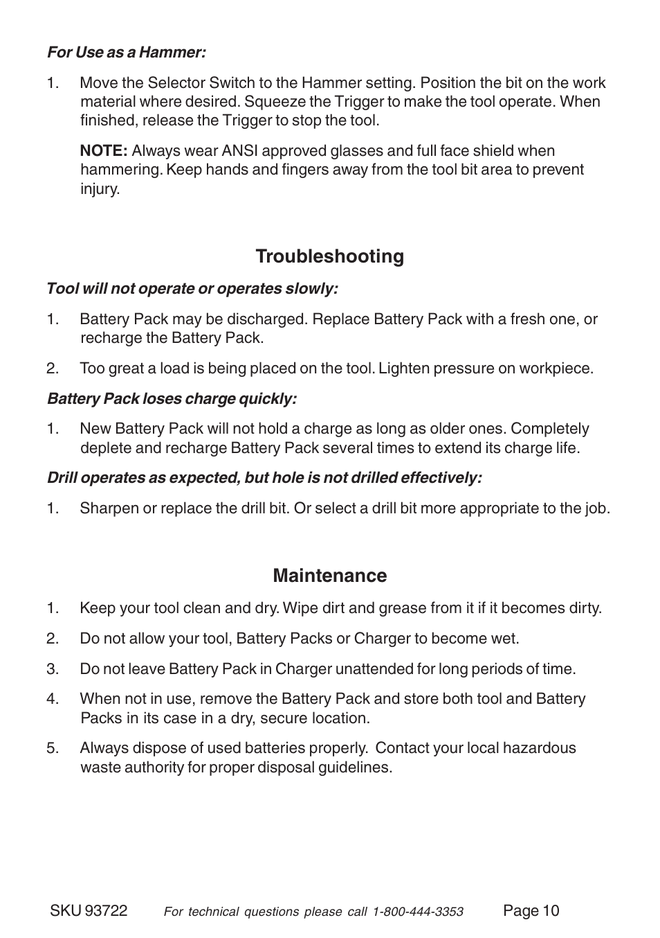Troubleshooting, Maintenance | Harbor Freight Tools 93722 User Manual | Page 10 / 12