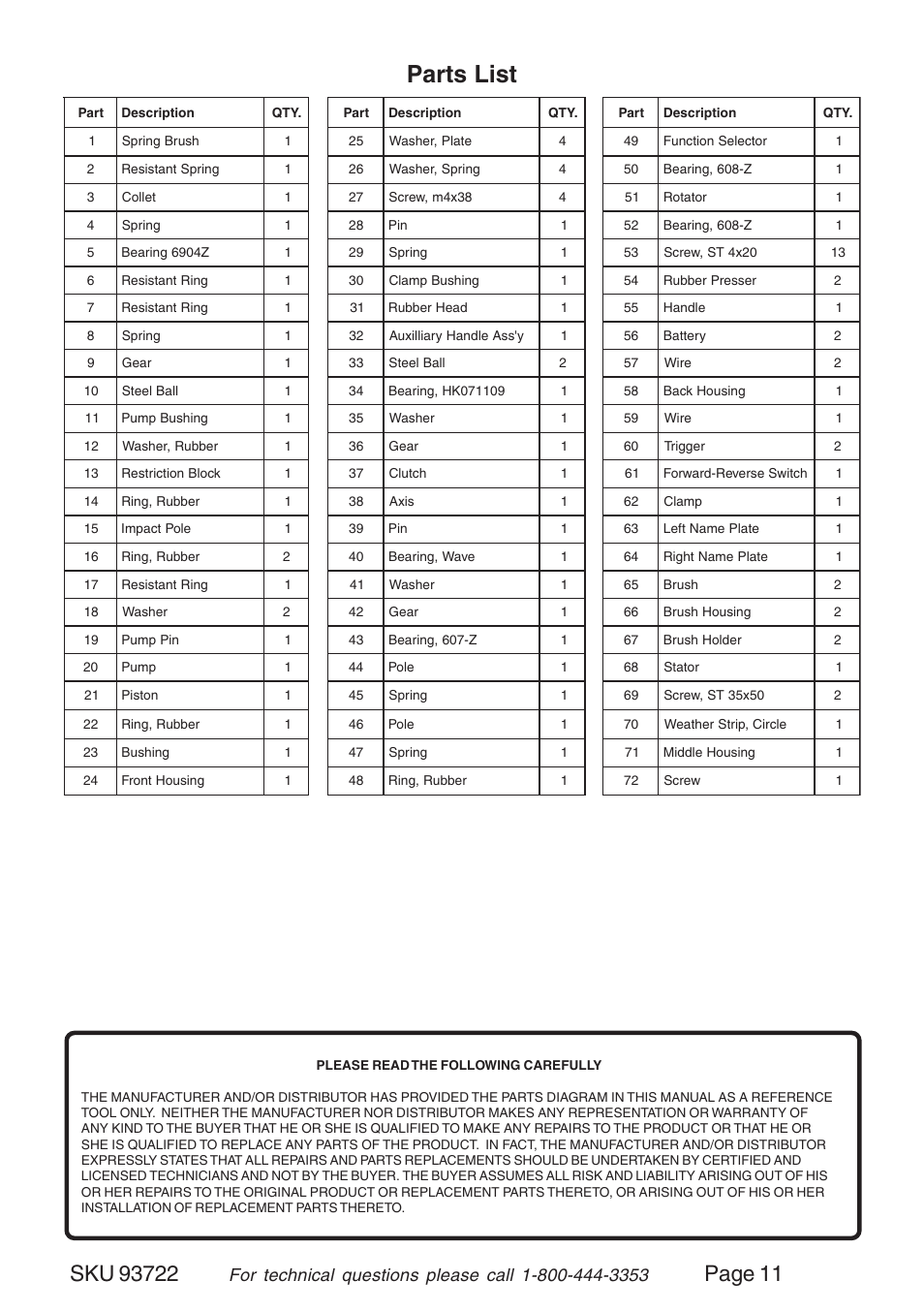 Parts list, Page 11 | Harbor Freight Tools 93722 User Manual | Page 11 / 12