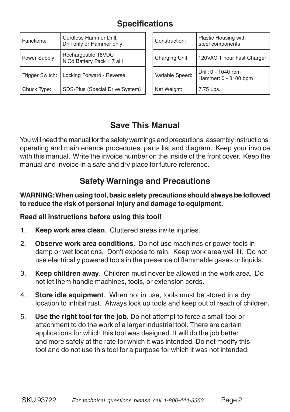 Specifications save this manual, Safety warnings and precautions, Page 2 | Harbor Freight Tools 93722 User Manual | Page 2 / 12