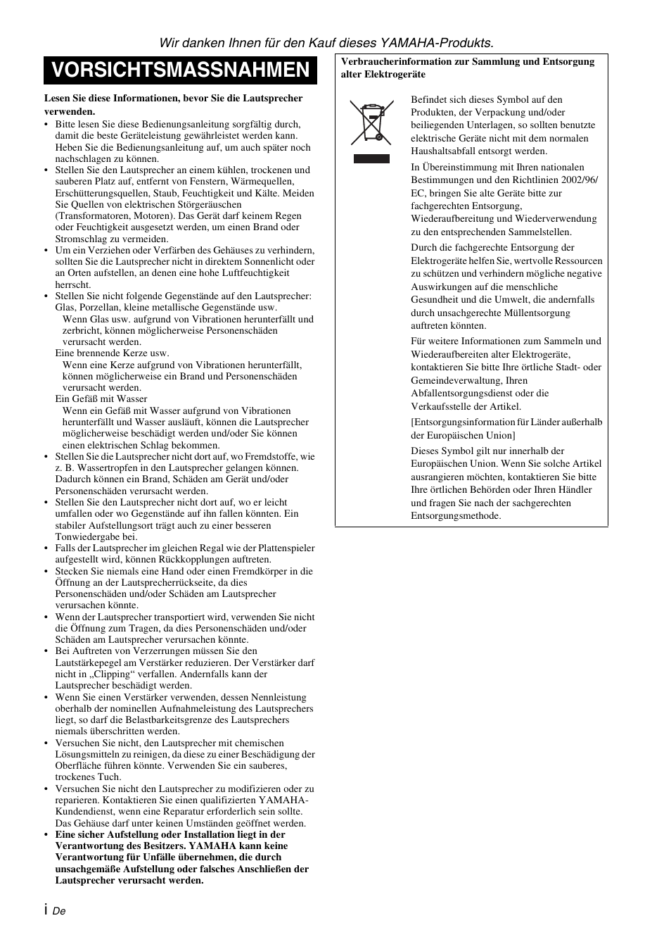 Deutsch, Vorsichtsmassnahmen | Yamaha NS-F210 User Manual | Page 10 / 24