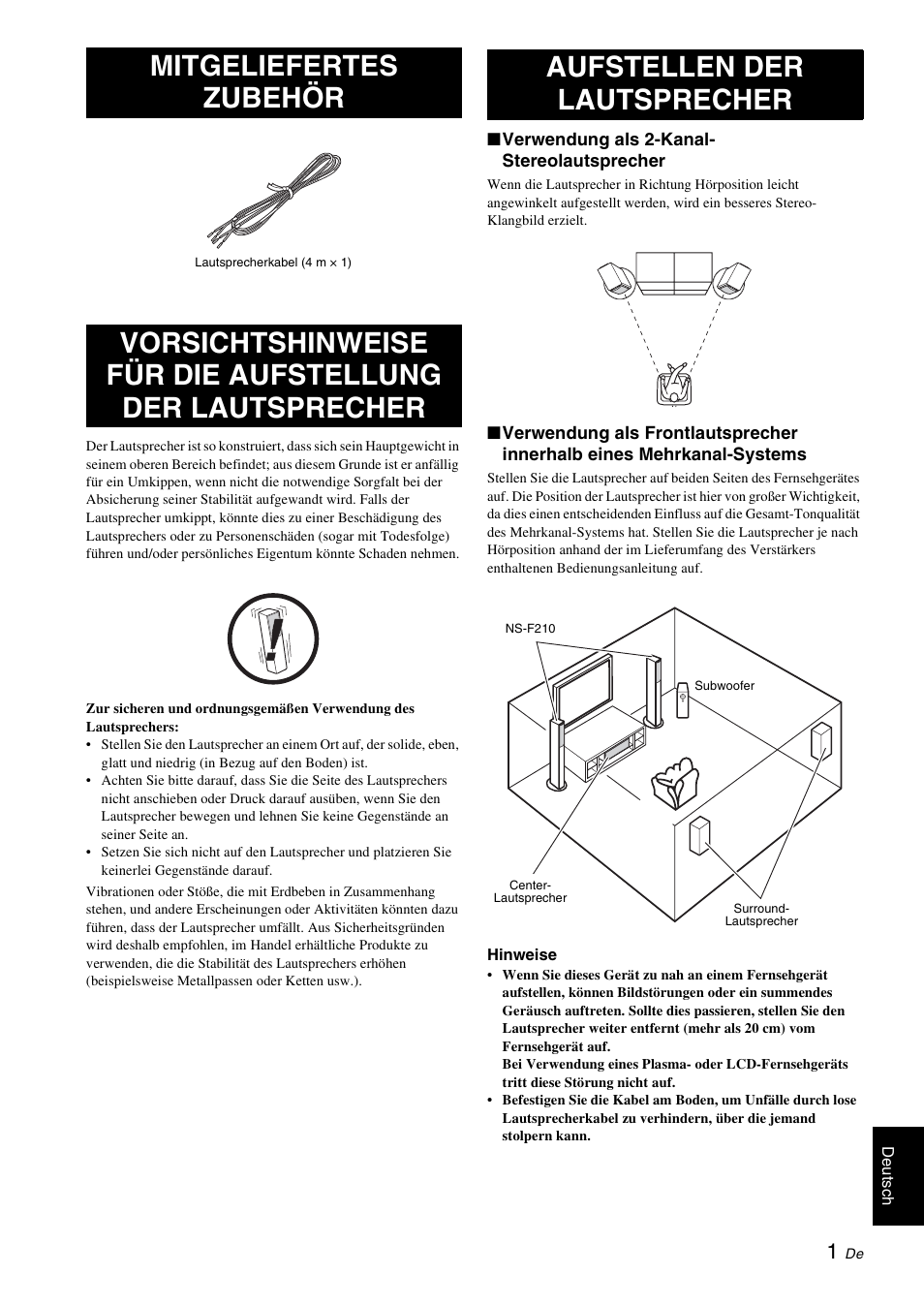 Mitgeliefertes zubehör, Aufstellen der lautsprecher | Yamaha NS-F210 User Manual | Page 11 / 24