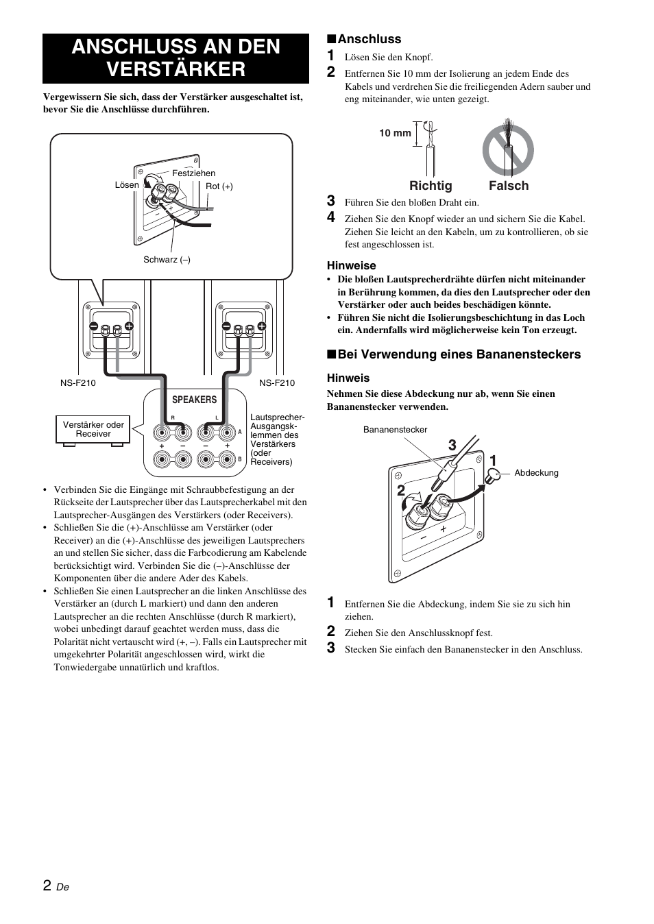 Anschluss an den verstärker | Yamaha NS-F210 User Manual | Page 12 / 24