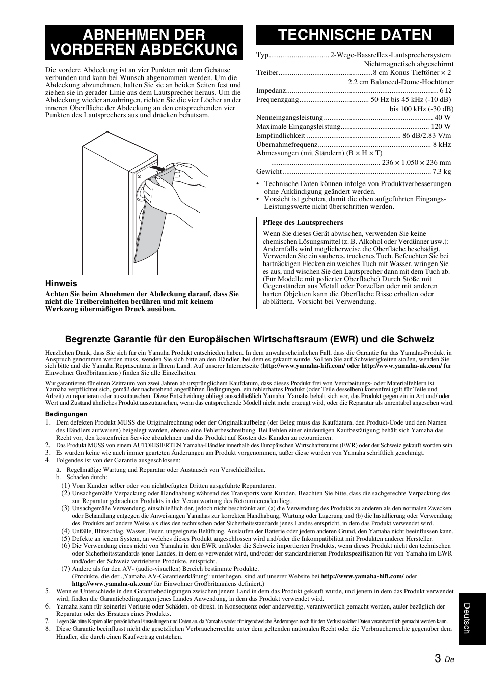 Abnehmen der vorderen abdeckung, Technische daten, Abnehmen der vorderen abdeckung technische daten | Yamaha NS-F210 User Manual | Page 13 / 24