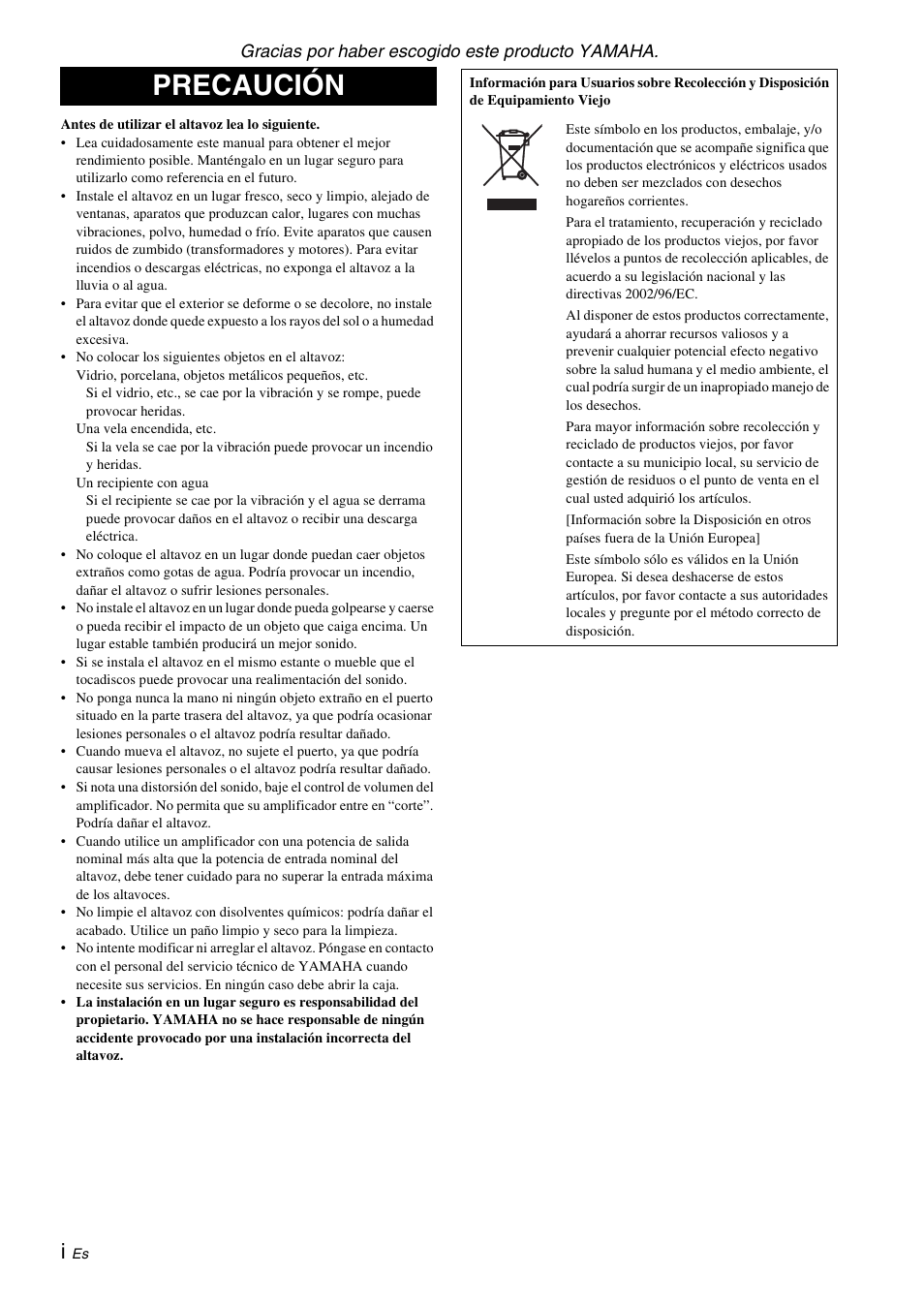 Español, Precaución | Yamaha NS-F210 User Manual | Page 14 / 24