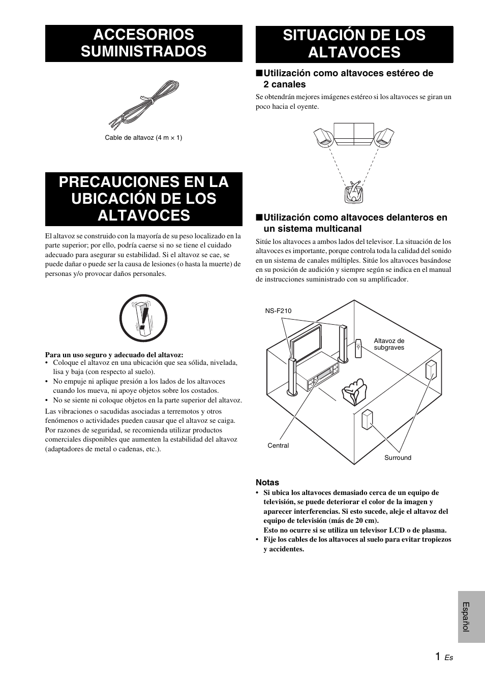 Accesorios suministrados, Precauciones en la ubicación de los altavoces, Situación de los altavoces | Yamaha NS-F210 User Manual | Page 15 / 24