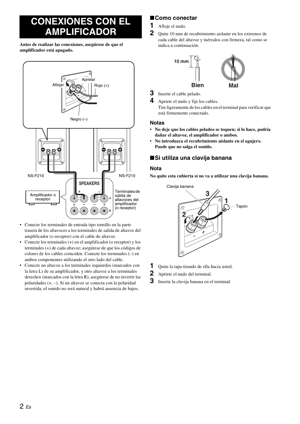 Conexiones con el amplificador | Yamaha NS-F210 User Manual | Page 16 / 24