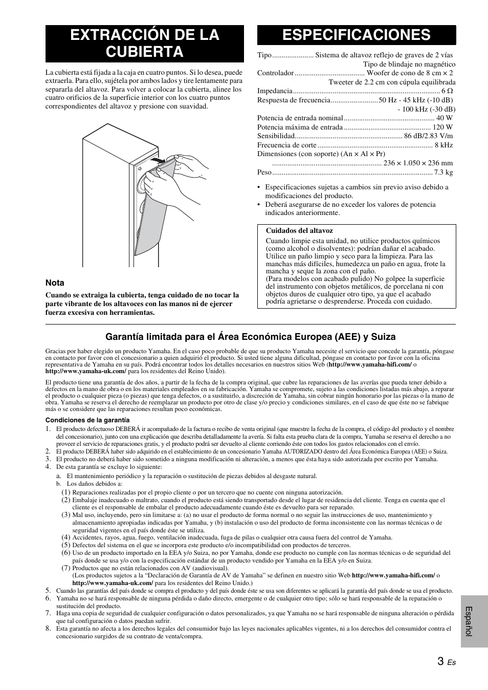 Extracción de la cubierta, Especificaciones, Extracción de la cubierta especificaciones | Yamaha NS-F210 User Manual | Page 17 / 24