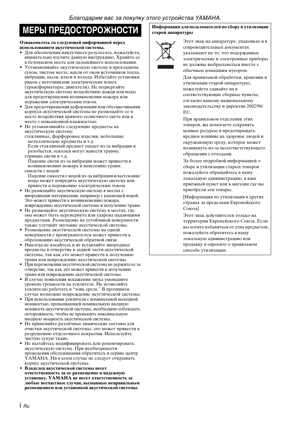 Русский, Меры предосторожности | Yamaha NS-F210 User Manual | Page 18 / 24