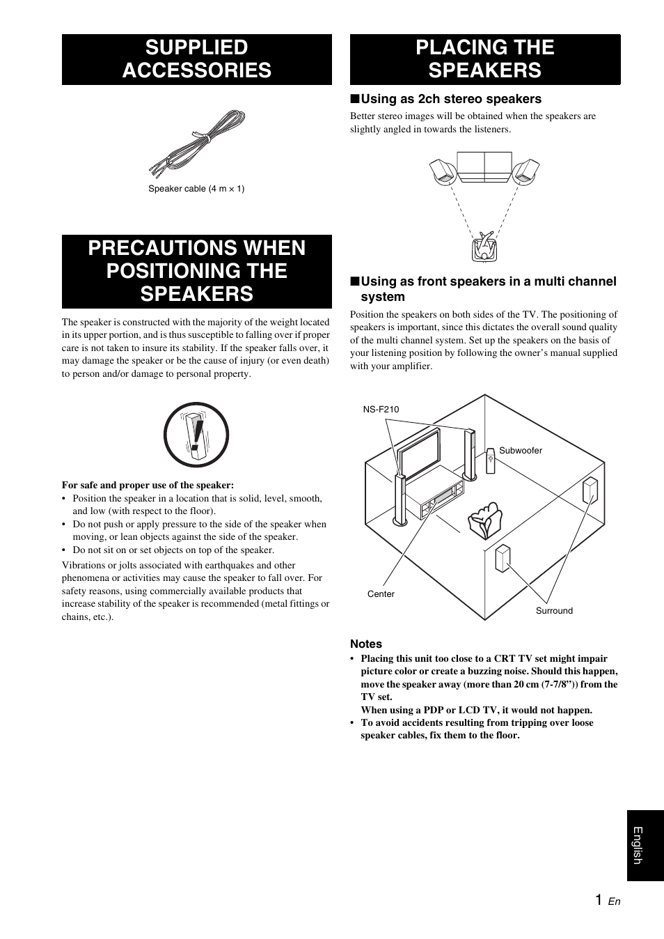 Supplied accessories, Precautions when positioning the speakers, Placing the speakers | Yamaha NS-F210 User Manual | Page 3 / 24