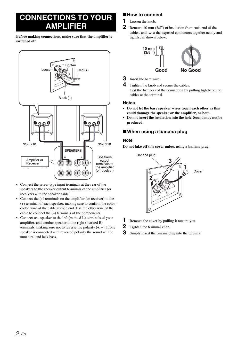 Connections to your amplifier | Yamaha NS-F210 User Manual | Page 4 / 24